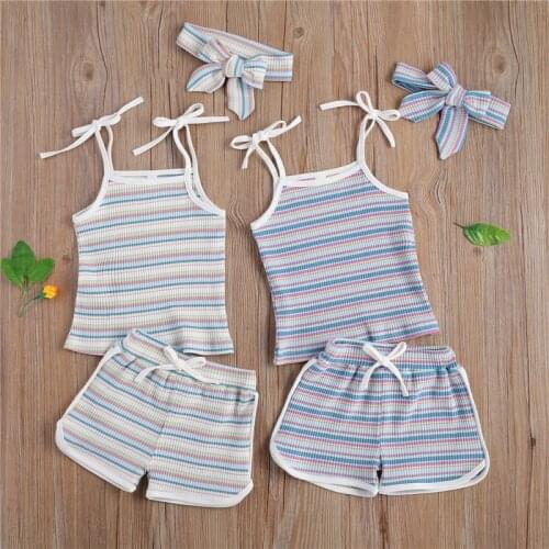 Toddler Kids Baby Girl Summer Clothes Set 2pcs Princess Stripe Sleeveless Tops T-shirt Shorts Headband Outfits Set 6M-4Y