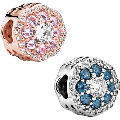 Fashion 925 Sterling Silver Beads Pink Blue Eight-petal Flower Charm Fit Original Pandora Bracelets Women Gift DIY Jewelry