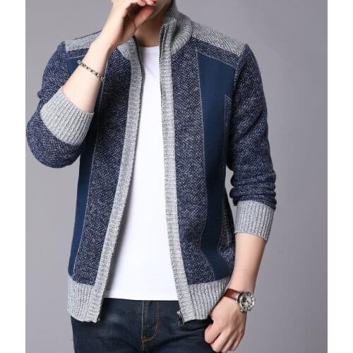 Covrlge Winter Thick Warm Sweater Men Patchwork Cashmere Wool Liner Zipper Coat Men Cardigan Jumpers Fleece Coats Men MWK014
