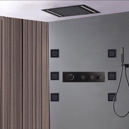 Modern Black LED Bathroom Rainfall Shower 304 SUS Shower Rose Thermostatic Mixing Valve And Blacked SPA Body Jet Head Set Shower