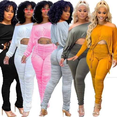 Solid Ruched Drawstring 2 Piece Set for Women Otufits One Shoulder Long Sleeve Crop Top and Stacked Skinny Pant Loungewear Suit