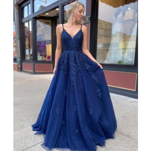 Nave Blue Evening Dress A-Line Lace Appliques Sleeveless Spaghetti Strap Tulle Women Formal Party Gowns Special Floor Length