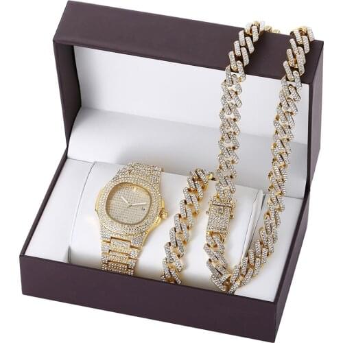 2021 Luxury 3pcs/set Men Watch Set Gift Box Hip Hop Cuban Chain Iced Out Necklace Bracelet Set Rhinestones Bling Jewelry For Men