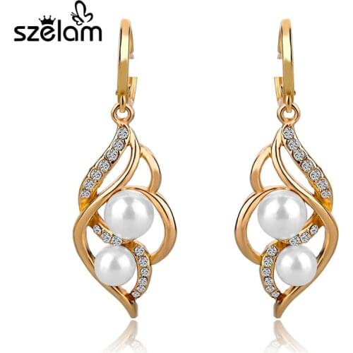Szelam Double Simulated Pearl Earrings For Women Crystal Gold Drop Earrings Brincos Fashion Jewelry SER140229