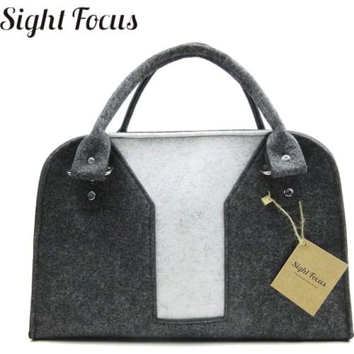 Sight Focus Contrast Color Trunk Felt Bags Female Fashion Felt Handbag Ladies Felt Tote Bag Business Grey Women Bag Geometric Pa