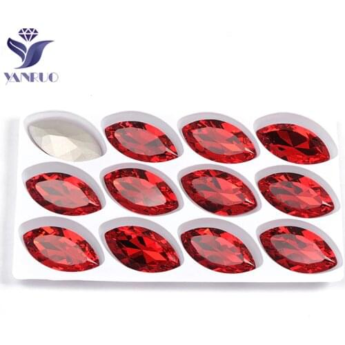 YANRUO 4227 Navette 17x32mm Light Siam High Red Stones Glass Crystal Sewing Claws Rhinestones For Wedding Dress