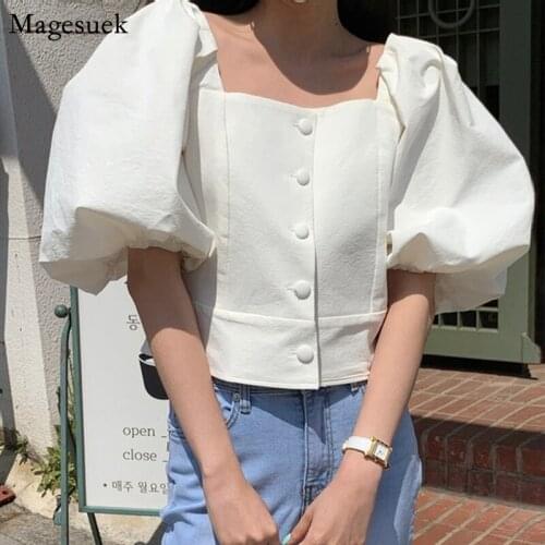 Chic Puff Short Sleeve White Shirt Women Summer Korean Square Collar Elegant Blouses Women Clothes Loose Tops Blusas Mujer 14770
