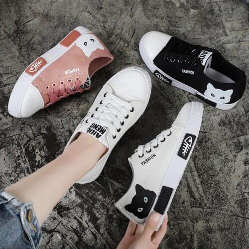 Women Canvas Shoes 2021 Fashion Kitten Canvas Shoes Women Low Cut Casual White Shoes Women Lace Up Flat Shoes Zapatos De Mujer