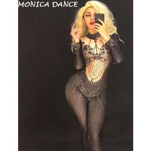 Women Sexy Red Black Big Diamonds Dj Jumpsuit Sparkling Crystal Bodysuit Nightclub Stage Wear Dancer Singer Show Dance Costumes