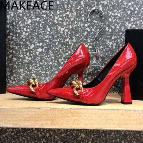 Autumn New Style Metal Chain Patent Leather Pointed High Heels Women Stiletto Single Shoes Shallow Mouth Shoes Wedding shoes