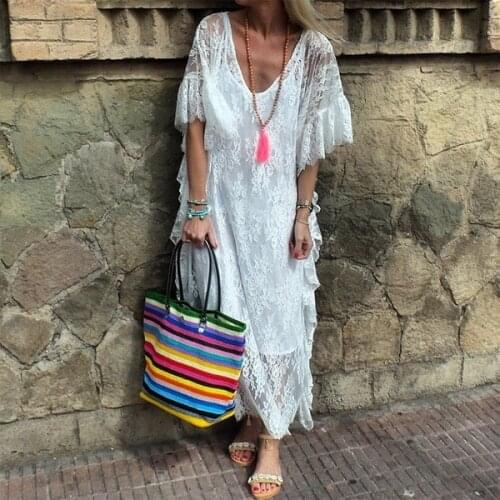 4xl 5xl Women v neck short sleeve lace crochet dress White black Beach Tunic Loose Pareo Boho boho hippie chic kaftan maxi dress