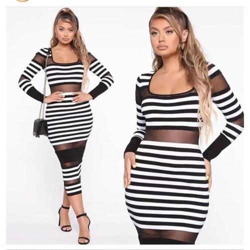 High Quality Long Sleeve Striped Midi Rayon Bandage Dress Jacquard Women Dresses Night Party Dress