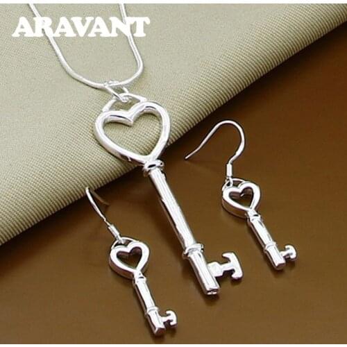 925 Silver Hollow Heart Keys Pendants Necklaces Earrings Sets For Women Girls Christmas Jewelry Gifts