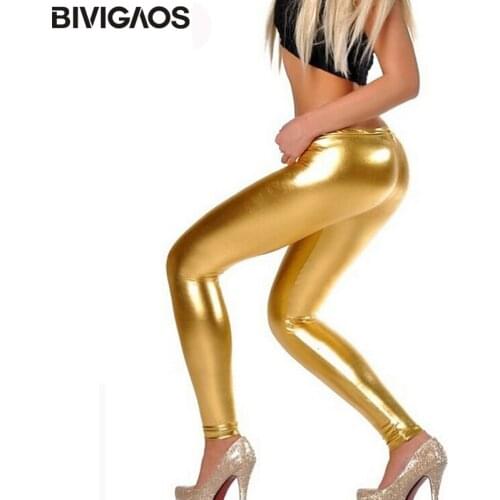 BIVIGAOS Fashion Gothic Punk Rock Style Gold Metallic Color Sexy Bright Sequin PU Faux Leather Leggings Pants Fitness For Women
