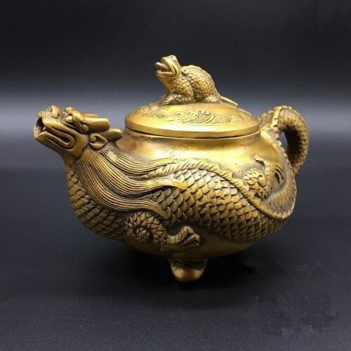 Collection Chinese Animal Dragon Head Teapot Gold Toad Bitting Coin Beautiful Small Statue