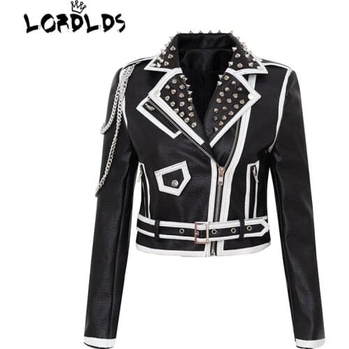LORDLDS Punk Style Black and White Leather Jacket Women Autumn Winter New Skull Print Pu Faux Ladies Moto Biker Studded Coats