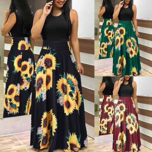 Summer Dress For Women New Sunflower Print V-neck Sleeveless Maxi Dress Elegant Party Cami Dress With Pockets Robe Vestidos