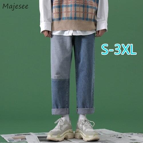 Men Jeans Patchwork Plus Size 3XL Loose Denim Straight Casual Trousers Male Fall Paneled Gradient Color Trendy Chic Embroidery