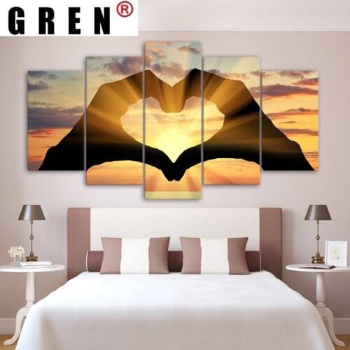 GREN Wall Art 5 Pieces Canvas Painting Heart Shape Pictures LOVE Sunset Poster HD Printed Artwork Home Decor Living Room