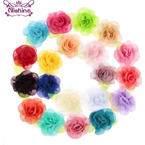 Nishine 30pcs Chic Flatback Chiffon Flower with Green Leaf for DIY Girls Headband Hair Clips Accessories