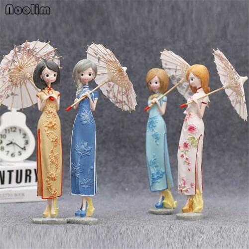 NOOLIM Cartoon Kawaii Umbrella Girls Figurines Chinese Cheongsam Girl Resin Crafts Miniature Figurines Birthday Gift Home Decor