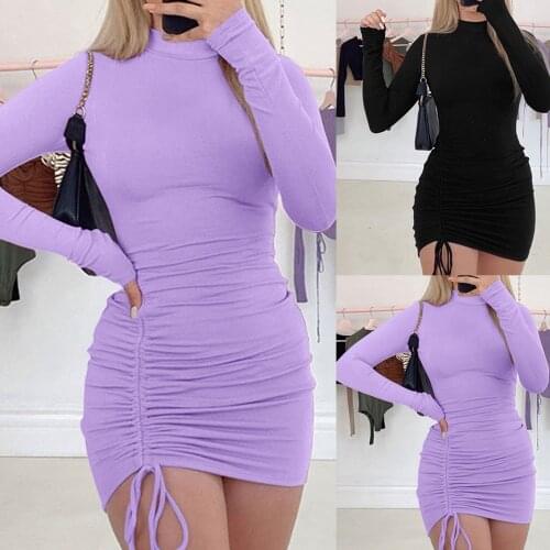 Autumn Bodycon Dresses Womens Dresses Fleece Thick Sexy Tight-fitting Drawstring Solid Color Long-sleeved Dress Vestido Mujer