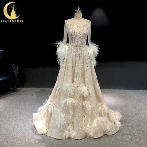 Rhine real Pictures Long sleeves With Feathers Crystal A-line high quality hot sale Formal dresses Fashion dress Evening dresses