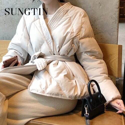 Sungtin V-neck Argyle Plaid with Belt Parkas Jacket Women Long Sleeve Slim Korean Jacket Womens Vintage Winter Clothes Women