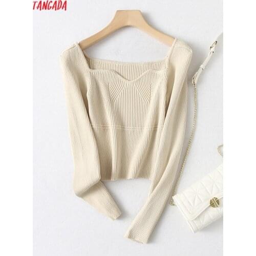 Tangada Women 2021 Sexy Square Collar Knitted Sweater Jumper Female Pullovers Chic Tops YU116