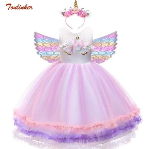 Princess Girls Unicorn Costume Lace Mesh Flowers Unicorn Dress up For Children Christmas Wedding Party Tutu Dresses 2-8 Years