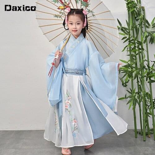 Girl Traditional Hanfu Embroidery Chinese Folk Dance Costume Kids Han Dynasty Dancewear Madam White Snake Princess Cosplay Dress