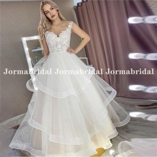 Vintage Cap Sleeve Wedding Dress 2021 Sheer Scoop Neckline Floral Lace Applique Tiered Tulle Wedding Gowns Vestido De Noiva