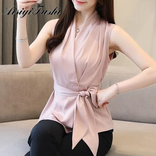 Aisiyifushi Womens Tops and Blouses Silk Short Sleeve Women Blouse 2020 Spring Summer Sexy Tops Bowknot Shirts Casual Loose Top