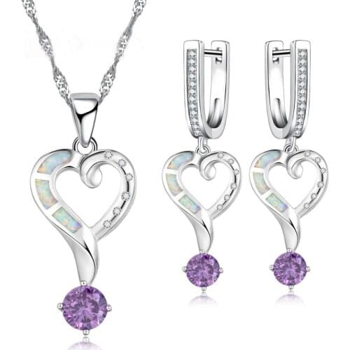 Fashion Love Heart Jewelry Set For Women Imitation White Fire Opal Purple Crystal Pendant Necklace Earrings Wedding Jewelry