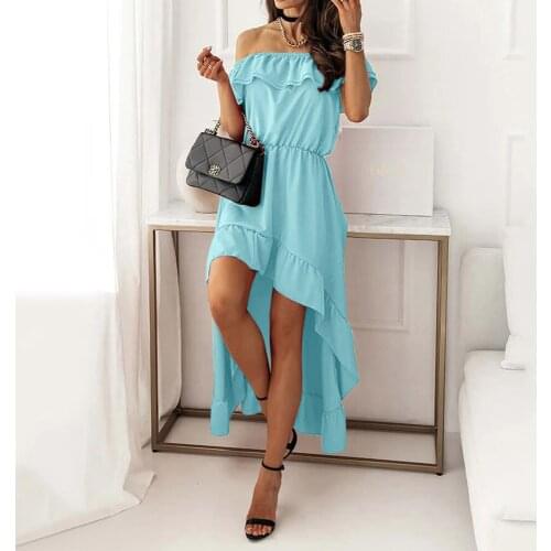 Irregular Women Sexy Dress Summer Ruffles Neck Hem Beach Off Shoulder Dress Boho Long Dresses Solid Color Vestidos Femme D30