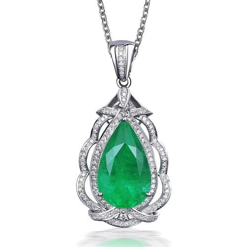9 Carats Classical Water Drop Emerald Gemstones Diamonds Pendant Necklaces For Women 18k White Gold Silver Color Jewelry Bijoux