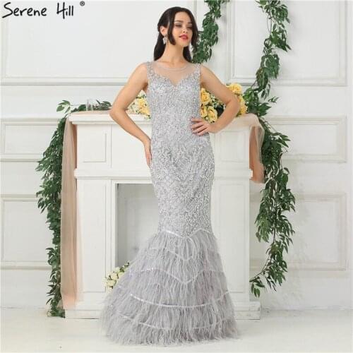 New Silver Feathers Mermaid Diamond Evening Dresses 2020 Sleeveless Sexy Fashion Luxury Evening Gowns BLA6654