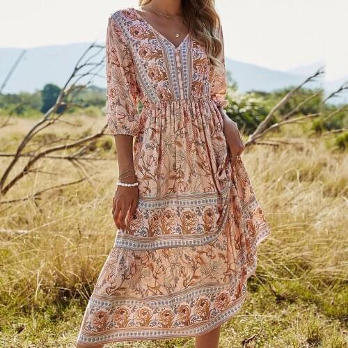 Lady Spring And Summer Retro Dress Floral Print V-neck Fashion Resort Style Mid-sleeve Dresses Loose Casual All-match Skirt