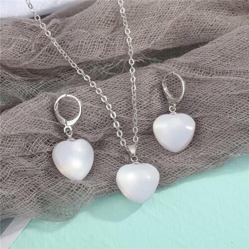 1Pair Brightly Imitation Opal Heart Hoop Earrings For Women Minimalist Cute White Stone Pendant Circle Earrings Necklace Jewelry