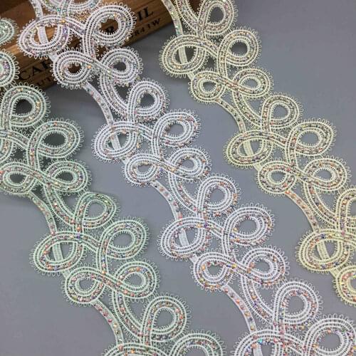 1yard 6.5CM Pearl Rhinestones Flower Lace Trim Embroidered Lace Ribbon Fabric Sewing Craft For Costume Wedding Dress Clothes