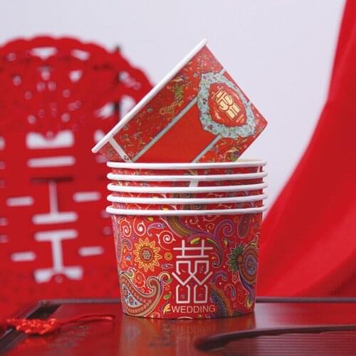 100pcs/pack Chinese Traditional 480ml Wedding Disposable Bowl Paper Bowl Round Wedding Household Happy Bowl Wedding Supplies