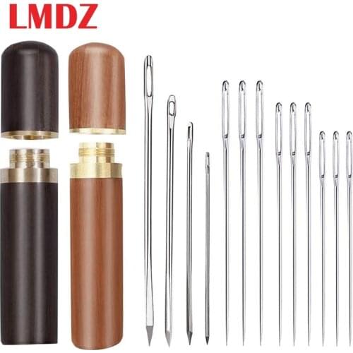 LMDZ 2 PCS Wooden Needle Case with Stitching Needles, 4 pcs Leather Stitching Needle and 9 pcs Sewing Needles