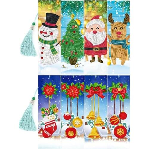 4pcs Diamond Painting Bookmark 5D DIY Diamond PU Leather Bookmark Diamond Embroidery Tassel Book Marks Christmas gifts