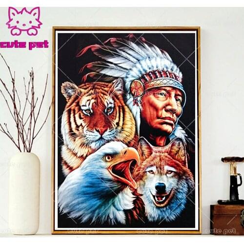 Full diamond man 5D character diamond painting Indian tribe leader tiger DIY diamond embroidery kit landscape home decoration