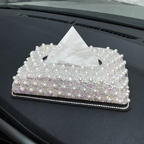 Sparkling Napkin Holder with Pearl Rhinestone Home Car Leather decorative tissue boxes Holder Luxury Girl Car Accessories