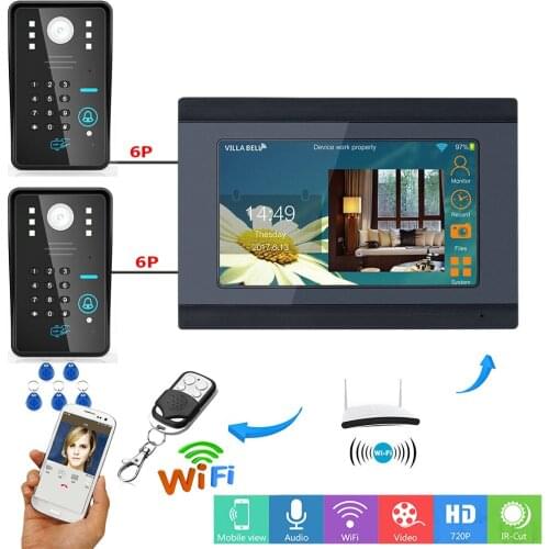 7inch Wired IP Wifi RFID Password Video Door Phone Doorbell Intercom Entry System with 2 X IR-CUT 1000TVL Wired Camera