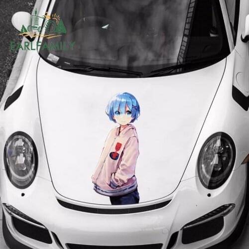 EARLFAMILY 43cm x 19cm Anime Cute Rem Vinyl Car Warp Sticker Engine Cover Decal Cartoon Fashion Anti-scratch Stickers Waterproof