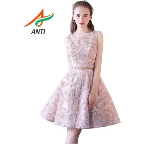 ANTI Elegant Pink Prom Dresses 2019 Fashion gala jurken Short O Neck Appliques illusion Sleeveless Knee-Length vestidos de gala