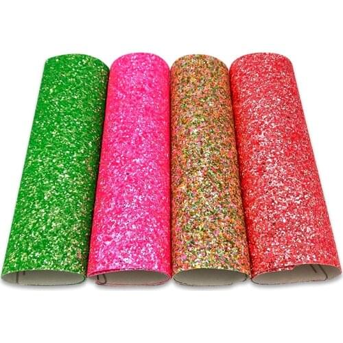 Fluorescent Multicolored Shiny Chunky Glitter Faux Leather Fabric Knitted Backing for Making Shoes/Wallets/DIY Accessories