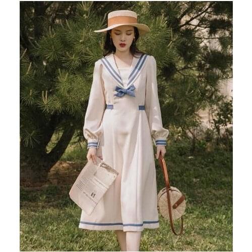 Preppy Style French Womens Navy Collar Slim Waist Sweet Bow Vintage Dress for Slim Lady Mori Girl Long Dress Vestidos Autumn